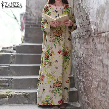 2021 Toamna Floral din Bumbac Imprimat Lenjeria de Sundress ZANZEA Femei Casual cu Maneci Lungi Rochie Vintage Maxi Lung Vestidos Haina Plus Dimensiune