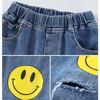 Fete Pantaloni Copii Blugi 2021 Casual de Primavara Smiley Print Rupt Solid Mid Elastic Talie Pantaloni pentru Fete Haine Copii Pantaloni