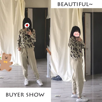 Coreea Leopard De Imprimare Tricotate Costume Femei Streetwear Pulovere Largi Pulover Casual Harem Sweatpant 2 Seturi De Piese Ținute De Toamnă