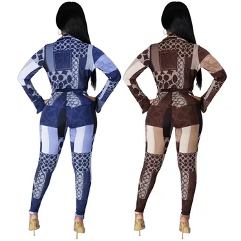 ANJAMANOR Imprimare Geometrice Femei Combinezoni și 2 Piese Pantaloni Seturi de Club Haine Split Clos cu Maneca Lunga Body Jambiere D74-DC35