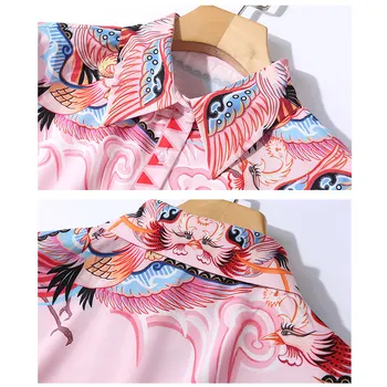 Willstage Roz Tricouri Femei Pasăre Model Imprimat Bluza Buton Maneca Lunga Elegante, Topuri 2019 Primavara Toamna Haine OL Purta