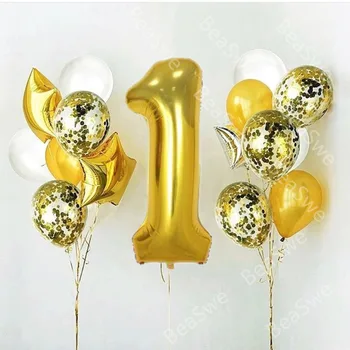 18pcs/mulțime de Mari Dimensiuni 40inch gold star Folie Număr 1 2 3 Baloane cifre cu 10inch latex bile confetti petrecere de ziua Decor
