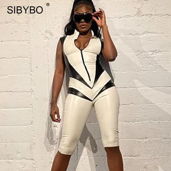 Sibybo Mozaic din Piele PU Costum Femei fără Mâneci Fermoar Subțire Salopetă pentru Femei Salopeta 2021 Femme Streetwear Salopete Casual