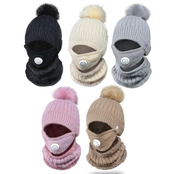 3 în 1 Adult Eșarfă Tricotate Pălărie Masca de Fata Set cu Supapă de Respirație Iarna Cald Moale pentru Femei în aer liber &T8