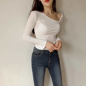 Moda new sosire coreeană de bază bouncy t-shirt dulce sexy casual OL doamna de pe umăr subțire solid elasticitate mare t-shirt