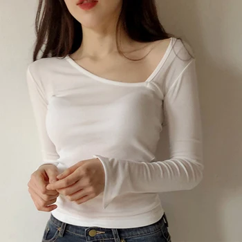 Moda new sosire coreeană de bază bouncy t-shirt dulce sexy casual OL doamna de pe umăr subțire solid elasticitate mare t-shirt