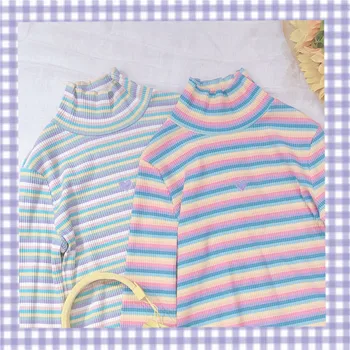 Dulciuri japoneze Femei Guler T-shirt Harajuku Tumblr Curcubeu cu Dungi Tricotate Bluze Kawaii Inima Maneca Lunga Fete Tricouri Tricouri