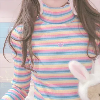 Dulciuri japoneze Femei Guler T-shirt Harajuku Tumblr Curcubeu cu Dungi Tricotate Bluze Kawaii Inima Maneca Lunga Fete Tricouri Tricouri