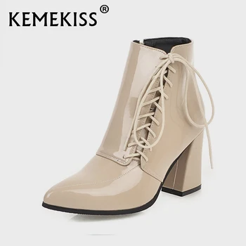 KemeKiss Culoare Solidă Femei Glezna Cizme Sexy Siret A Subliniat Toe Pantofi De Femei De Moda De Iarna Lumina Toc Gros Încălțăminte Mărimea 34-43
