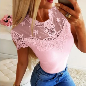Dantela Perspectivă Femei De Vara T-Shirt 2019 Monofazate Model Floare Tricouri Casual, Office Lady Topuri O-Gât Sexy Femei Haine Shein