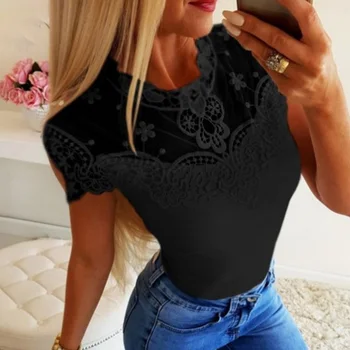 Dantela Perspectivă Femei De Vara T-Shirt 2019 Monofazate Model Floare Tricouri Casual, Office Lady Topuri O-Gât Sexy Femei Haine Shein