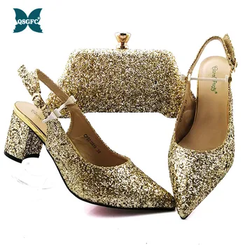 2019 mai Nou stil de culoare de Aur din Africa de pantofi și sac set Mijlocul toc design italian de pantofi cu sac de potrivire cel mai bun de vânzare doamnelor