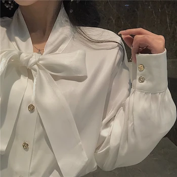 Primăvara Femei Simplu Nou Pur Camasa cu Maneca Lunga Bluza coreean Fluture Nod în Vrac Luminoase Cămașă de Mătase