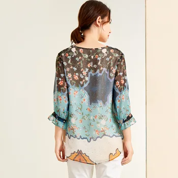 Matase Bluza Femei Pulovere de Sus V Neck Printed Design de Epocă Trei Sfert Maneca tricou Femei Elegante Stil de Moda Noua