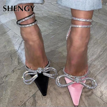 SHENGY Elegant Satin Pantofi de Nunta de Argint Bling Curea Glezna a Subliniat Deget de la picior Toc Pompe Sandale Femei Dulce Papion, Pantofi de Vara