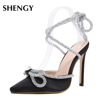 SHENGY Elegant Satin Pantofi de Nunta de Argint Bling Curea Glezna a Subliniat Deget de la picior Toc Pompe Sandale Femei Dulce Papion, Pantofi de Vara