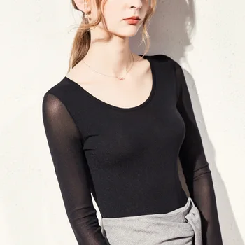 Femei pe Gât Rotund Maneca Lunga Culoare Solidă Șifon tricou Slim Top 2020