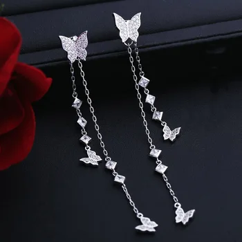 Noi Cubic Zirconia Fluture Ciucure Lung Picătură Cercei Argint Culoare Agățat Femei Cristal Legăna Cercei Petrecere De Moda Bijuterii