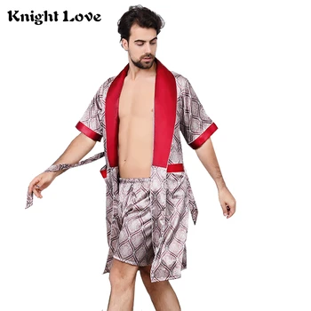 Bărbați Halat Halat de Mătase cămașă de noapte, Pijamale Kimono Baie Acasă Rochie de Vară cu mâneci Scurte, Cu pantaloni Scurți 2 Buc Pijamale de Imprimare Plus Dimensiune
