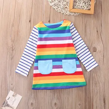 Copilul Infantil Copil Copii Copii Fete Dress Stripe Maneca Lunga Topuri Colorate Tricou Petrecere Rianbow Rochie Haine Drăguț