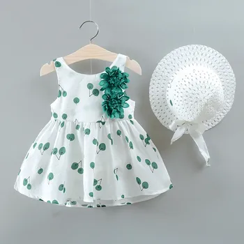 40# Vara Copilul Copilul Rochii Baby Girl pentru Copii fără Mâneci Gât Rotund Cires Floare Rochie Vesta + Pălărie de Paie Costum Vestidos