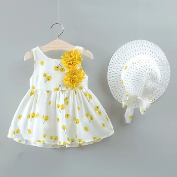 40# Vara Copilul Copilul Rochii Baby Girl pentru Copii fără Mâneci Gât Rotund Cires Floare Rochie Vesta + Pălărie de Paie Costum Vestidos
