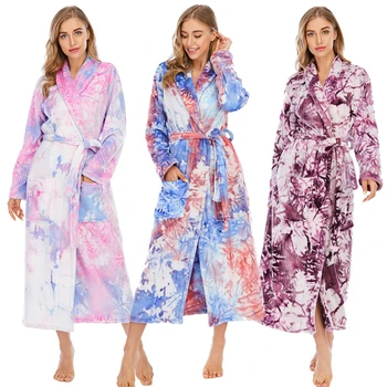 Femei Bărbați Flanel Halat De Baie Pijamale 2020 Toamna Iarna Tie Dye Pluș Cuplu Halat De Baie Gros Cald Feminin Halat De Dropshipping