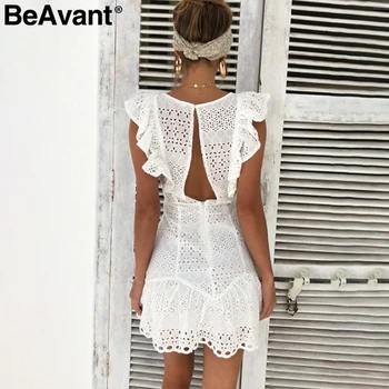 BeAvant Elegant zburli bumbac alb pentru femei rochie Broderie talie mare rochie de vara casual Vintage scurte rochii de partid doamnelor