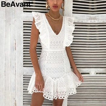 BeAvant Elegant zburli bumbac alb pentru femei rochie Broderie talie mare rochie de vara casual Vintage scurte rochii de partid doamnelor