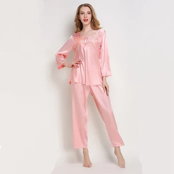 Femei costum de pijama de Mătase Pijamale Satin Set de Pijama Femeie Pijamale, Pantaloni, Pijamale de Mătase roz pj set de toamnă