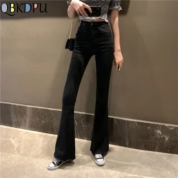Femei Vintage Negru Clopot de Jos Blugi Femei Elastic Slab Flare Jeans Mama Slim Talie Înaltă, din Denim Ciucure pantaloni Glezna Streetwear
