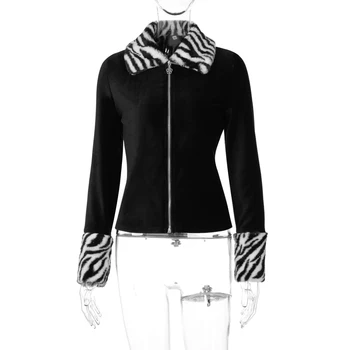 LVINMW Moda de Iarnă cu Fermoar Zbura în jos Rândul său Guler Cardigan cu Maneci Lungi Mozaic cu Nervuri cu Blană Subțire Strat Cald de Femei Streetwear