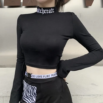 Streetwear Goth Bandaj Negru Topuri Harajuk Punk Scrisoare Bodycon Imprimare Trunchiate Topuri Femei Guler Maneca Lunga Top De Bază