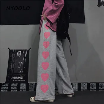 NYOOLO Harajuku Vintage inima de dragoste scrisori de imprimare negru pantaloni largi picior femei Casual streetwear elastic talie hip hop jogger pants