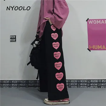 NYOOLO Harajuku Vintage inima de dragoste scrisori de imprimare negru pantaloni largi picior femei Casual streetwear elastic talie hip hop jogger pants