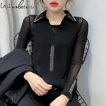 Toamna Iarna coreea Style Moda T-shirt Sifon Fals Două Piese de Diamante Stralucitoare Femei Topuri Ropa Mujer Maneca Lunga Tricouri T08636L