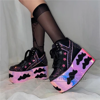 Culoare Laser Plat Pantofi Platforma Femeie Înaltă Creștere Pene Dantela-up Pantofi Casual Unic Paiete Nori Femei Pantofi cu Toc