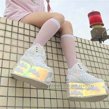 Culoare Laser Plat Pantofi Platforma Femeie Înaltă Creștere Pene Dantela-up Pantofi Casual Unic Paiete Nori Femei Pantofi cu Toc