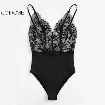 COLROVIE Vintage Lace Cami Body mass-Media Mixte Femei Mozaic Subțire fără Mâneci Costume Negre V-Gât Curea de Bază Bodysuit