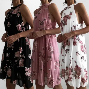 Femei la modă livrare gratuita rochie de Gât fără Mâneci Vară Floare de Imprimare Casual Lejere de Plaja din Poliester Rochii una de piese