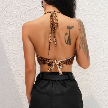 Femei Leopard Imprimate Sexy Halter Top De Cultură Camis Backless Bandaj Dantelă Paiete Inel De Metal Rezervor De Top 2020 Petrecere De Club Bustiera