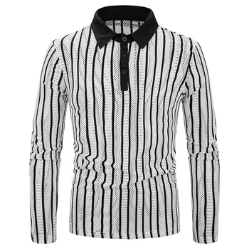 Barbati Maneca Lunga cu Guler T-shirt Trimestru Butonul Ochiuri Stripe Top Tee Shirt Bluza Casual cu Benzi Verticale Tubulare T-Shirt 903-B519
