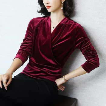 Noi Autunm femei brand sexy cu maneci lungi V-neck bluza office stil coreean femei de Primăvară velur plus dimensiune camasi mov topuri M-8XL