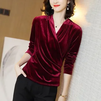 Noi Autunm femei brand sexy cu maneci lungi V-neck bluza office stil coreean femei de Primăvară velur plus dimensiune camasi mov topuri M-8XL