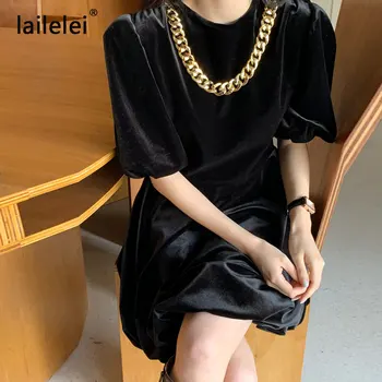 Catifea lanț rochie a-line mini negru puff mâneci Coreea chic slim rochie scurta de petrecere cu colier de primăvară-vară 2021 new sosire