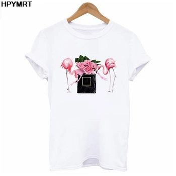 Femei Haine Flamingo Imprimare T Tricoul Flori Sticla de Parfum Dulce tricou Harajuku Femeie T-shirt Vogă Top Casual Femei Tee