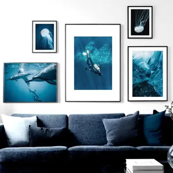 Peisaj Marin Pictura Decor De Perete Scufundări Poster Delfin Meduza Broasca Testoasa De Perete De Arta Canvas Nordic Postere Si Printuri Cameră Decor Acasă