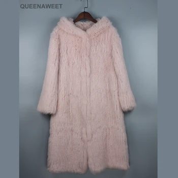 Femei tricotate real genuinereal haină de blană de iepure palton jachete îmbrăcăminte & cu gluga 100 cm lungime