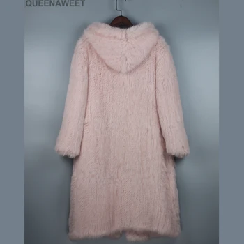 Femei tricotate real genuinereal haină de blană de iepure palton jachete îmbrăcăminte & cu gluga 100 cm lungime