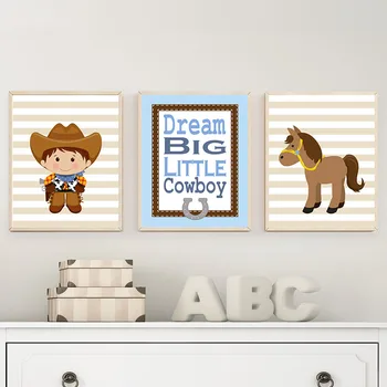 Cowboy Pepinieră Arta de Perete Mare Vis Puțin O Artă Citat de Cal și Postere Maro și Albastru cu Imprimeuri din Desene animate Poze pentru Camera de zi